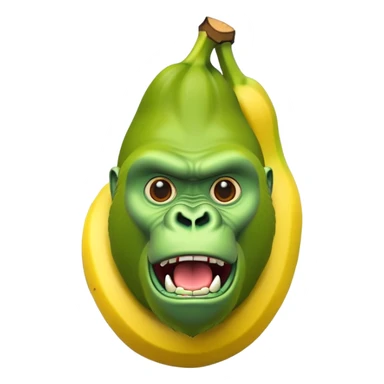 A yellow curved banana with a bright green gorilla head at the top, with gorilla facial features sticker