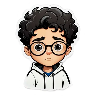 A cartoon drawing of a boy with short black curly hair with glasses and a thoughtful expression he boys face is white and he has black eyes and a black mustache. He is wearing a white hoodie. The background is a light peach color. sticker