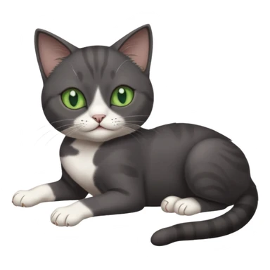 dark grey cat with green eyes, white toes/paws and white patch on her chest playfully rolling upside down sticker