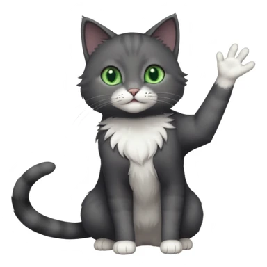 full body gorgeous solid dark grey cat with green eyes, white paws and white whiskers reaching for something sticker