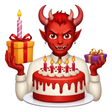 A devil with a birthday cake and gift sticker