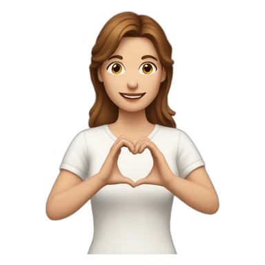 A white woman with brown hair, and making a heart symbol with her hands sticker