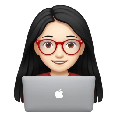 filipino long hair black fair skin with red eyeglasses freelancer with MacBook, smiling. sticker