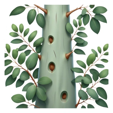 Cinematic Realistic Eucalyptus Emoji, Tall and graceful, with slender trunks covered in smooth, peeling bark and large, fragrant leaves. The eucalyptus trees sway gently in the breeze, releasing a calming aroma that fills the air. Soft glowing outline, capturing the essence of rugged beauty and natural serenity in a tall eucalyptus tree! sticker