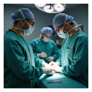 operating room: close-up of surgeon repairing wrist ligaments of a man, medical team in background, atmosphere of precision and professionalism, 4K quality sticker