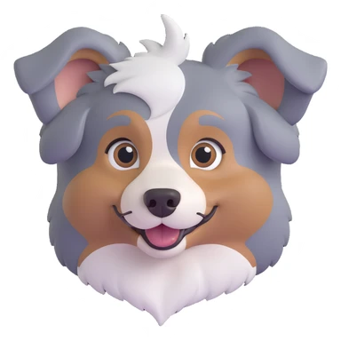 adorable Australian Shepherd dog face, big eyes one blue one brown, fluffy merle fur, perky ears, happy sticker