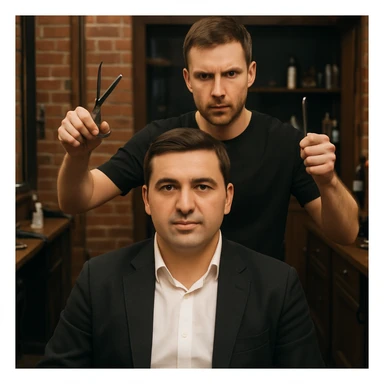 manashu akani yuzlaridan foydalanib sartarosh chizib bergin u soch olishga tayyor turganini chizib ber old rakursda bulsin mijoz tugriga qarab utirganini va sartarosh uni orqasida turib bitta ulida qaychi, ikkta quli bilan tayyorgarlik kurib turganini chizib ber xuddi 1,2,3 boshladik degandey birdaniga ishga kirishib ketadigan dek tayyor bulib tursin sticker