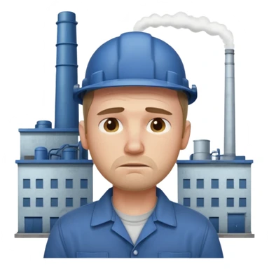 tired sad man with sweat on forehead, factory behind sticker