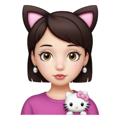 Chica con pelo corto y castaño oscuro, piel blanca, ojos hazel y pestañas largas, un piercing septum redondo pequeño y un filtro de hello kitty sticker