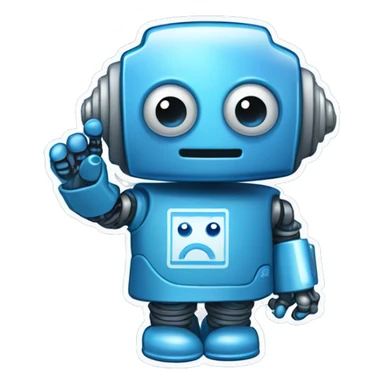 Sticker robot in blue tones waves his hand. The word "RoboCode" on clothes sticker