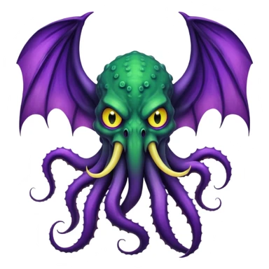 deep green Cthulhu with purple bat wings and purple gradient tentacles. Yellow angry eyes. yellow suckers on tentacles. dramatic ominous shading. two saber-teeth sticker