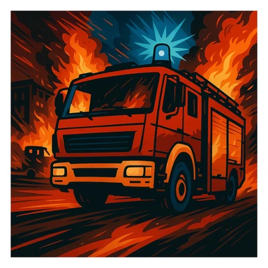 Edit the image of a fire truck with blue lights at an emergency site in the same modern, stylized illustration style as the original. Include a background showing the emergency site, such as a burning building or accident scene, with a dynamic atmosphere. sticker