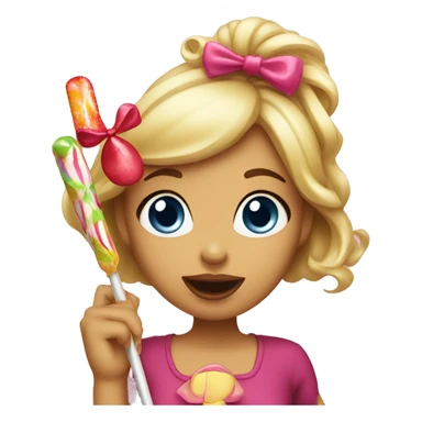 A girl with a coquette bow eating a lolipop sticker