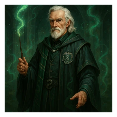 an elderly wizard with silver hair and Slytherin robes, inspired by Draco Malfoy, fantasy illustration sticker