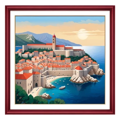 Cinematic Realistic aerial view of the historic city of Dubrovnik, showcasing its iconic red-roofed architecture, fortified walls, and sparkling Adriatic coastline, rendered with rich textures and warm Mediterranean lighting that captures its old-world charm. sticker