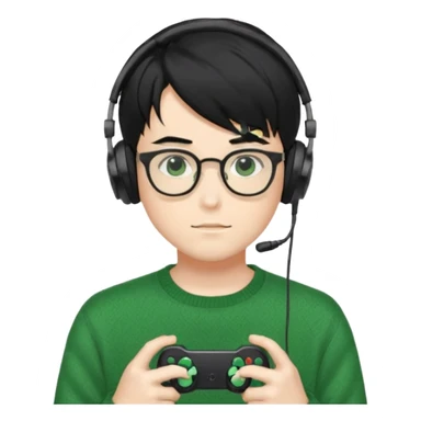
gamer, Gorgeous green sweater black hair anime style shojo guy glasses, headphone, gamepad sticker