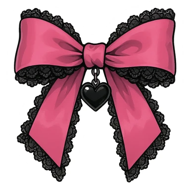 pink gothic bow with black lace trim and heart charm, remove background sticker