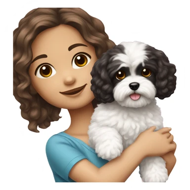 American girl with brown hair holding a black and white fluffy maltipoo dog ￼ sticker