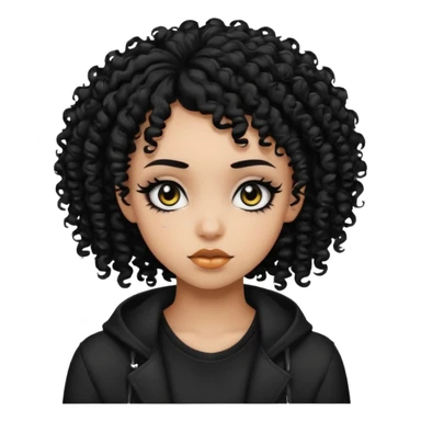 black emo girl with curly hairstyle, expressive face sticker