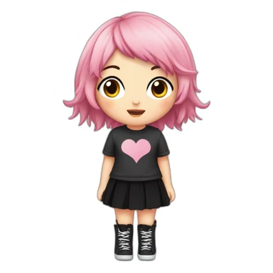 Full body Front view curvy emo girl pink hair sits on the floor straight view hands up black skirt полосатые рваные чулки sticker