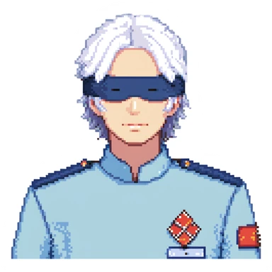 Satoru Gojo, white hair, blindfold, blue uniform, pixel art style sticker