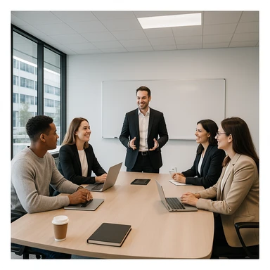 meeting room with people, modern office, clean design, professional environment, collaborative atmosphere sticker