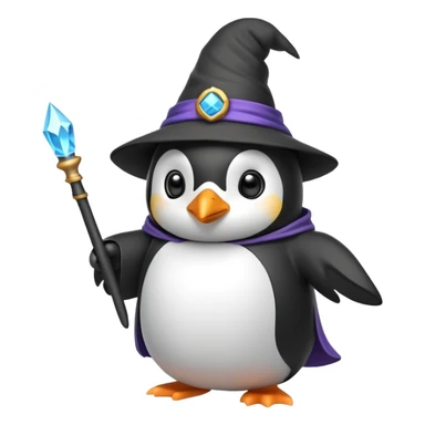 penguin wearing a wizard hat and robe, holding a magic wand sticker
