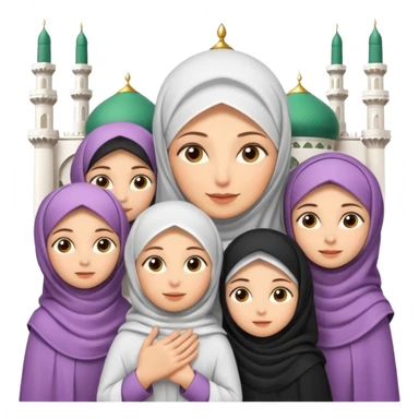 A picture of a mother with several daughters around her, the mother is wearing a veil and they are all in an Iranian Muslim mosque. Cartoon. 3D sticker