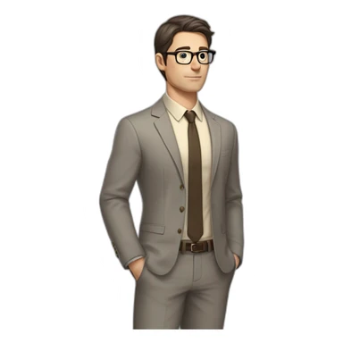 Full height Pale skinned Fit Man With dark brown hair in gray jacket, beige office shirt, tie, Brown pants and vintage glasses. Thrumbs of his palms directed up sticker
