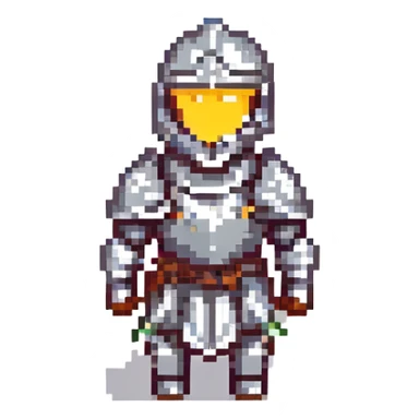 A pixel art knight in armor with a closed helmet, expressing joy. The knight's arms and legs are in different positions. The image is portrait-sized and has a clear outline. sticker