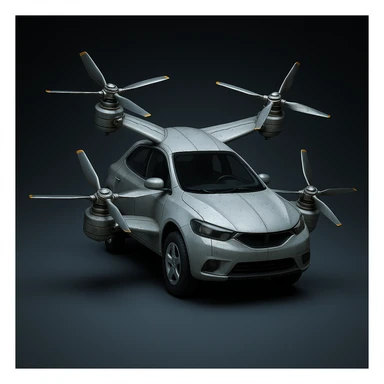 Modify this realistic flying car by moving two of the wings to the top of the car, keeping two wings on the sides, adding wheels to the car, and keeping propellers on all wings. Maintain the metallic finish and photorealistic style. sticker
