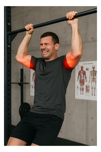 a man in athletic wear esegue una trazione alla sbarra in palestra. I suoi gomiti sono evidenziati con un alone rosso acceso o un effetto glow, indicando infiammazione. Un’espressione di dolore è visibile sul suo volto. Sullo sfondo, attrezzi da palestra e poster anatomici. L’atmosfera è educativa e realistica. sticker