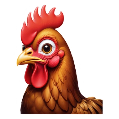 Cinematic Cute Brown Rooster Portrait Emoji, Head tilted playfully and inquisitively, featuring a glossy, immaculate brown plumage with a vibrant red comb, round, sparkling warm eyes filled with curiosity, Simplified yet irresistibly adorable features, highly detailed, glowing with a warm, friendly glow, high shine, affectionate and spirited, stylized with a touch of farmyard whimsy, bright and endearing, soft glowing outline, capturing the essence of a mischievous yet loving rooster, so playful it feels like it could strut out of the screen and into your arms! sticker