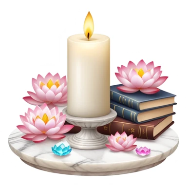 Aesthetic candles, flower petals, books, marble stand, crystal stones, lotus, feathers, zen, decoration, meditation,  sticker