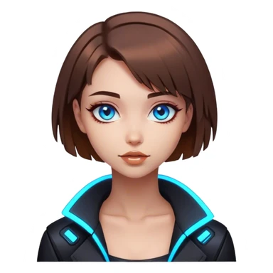 neon cyberpunk style 
girl with brown bob hair and blue eyes flirts sticker