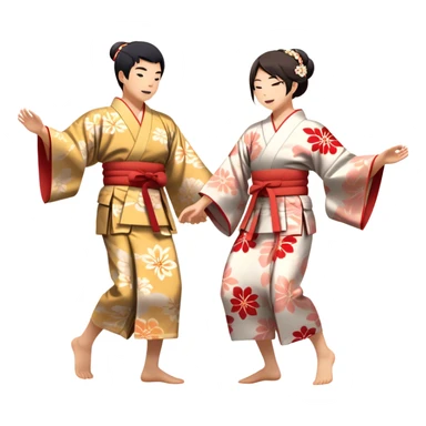 Cinematic Realistic scene of two performers engaging in Bon Odori, dressed in traditional yukata with intricate summer patterns, captured in graceful, rhythmic motion with warm, festive lighting sticker