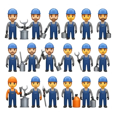 Professional custom emojis of industrial workers: welder, grinder, CNC operator, spray painter, metalworker. Modern, clean, slightly 3D style. Industrial color palette: steel gray, navy, orange. Transparent background sticker