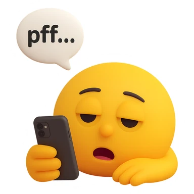 Add a phone in the hand of the bored, exhausted emoji lying down, heavy eyelids, mouth slightly open, with a thought bubble containing 'pfff…', representing 'la flemme'. Preserve the transparent background. sticker