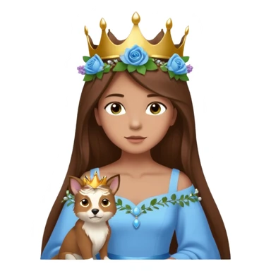 a 12 year old girl with shinny long brown hair and pretty green eyes that have long dark eye lashes wearing a sky blue gown in a beautiful forest with adorable animals and stunning roses and lilacs surrounding her as she smells the only sky blue rose she is also wearing a crown that has pearls sticker