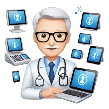 Senior IT Specialist with multiple high-tech devices, confident expression, showing leadership, advanced technical expertise sticker