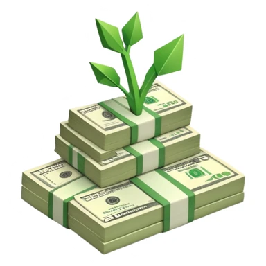 upward arrow next to a growing stack of cash money bills, financial growth sticker