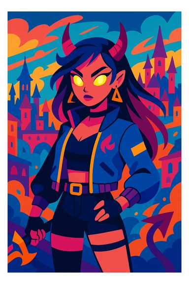 K-pop inspired Zoey, demon hunter theme, cool jacket, glowing eyes, fantasy city background sticker