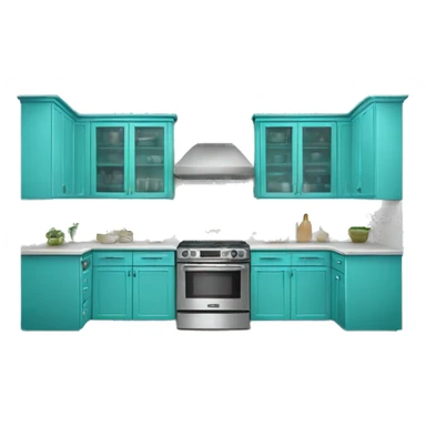 Realistic front facing turquoise kitchen with counter and hanging cabinets.  sticker