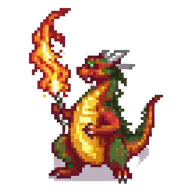pixel art dragon, breathing fire, retro game look, bold colors sticker