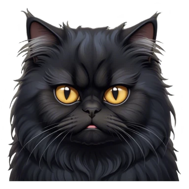 Cinematic Grumpy Frazzled Black Persian Cat Portrait Emoji, Head tilted with an exaggeratedly grumpy expression, fluffy black fur with hints of silver and deep undertones, Simplified yet hilariously frazzled features with large, expressive eyes, highly detailed, glowing with a warm but irritated glow, high shine, a mix of annoyed and disheveled, stylized with a touch of humor, bright but with a completely frazzled and grumpy face, soft glowing outline, capturing the essence of a quirky yet grumpy kitty, so endearing it feels like it could leap out of the screen and demand attention with its wonderfully grumpy, frazzled charm! sticker