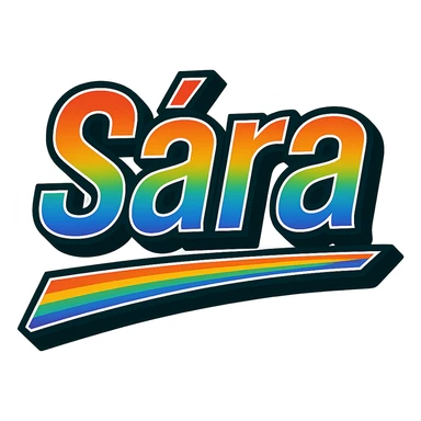 The name 'Sára' in modern, precise Hungarian letters with a rainbow gradient fill, extra thick white letter outline, dark contour, transparent background, dynamic slanted underline, styled like the sample images. sticker