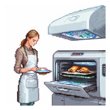 Ein futuristischer Bäcker mit holografischen Zutaten, Laserpräzision und einem Ofen, der mit Lichtstrahlen arbeitet. Interface wirkt wie Glas mit Lichtreflexen, Buttons wie Touchpads mit haptischem Feedback. sticker