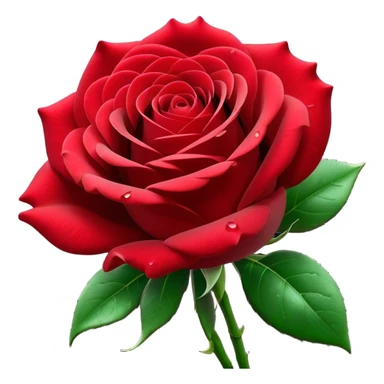 Cinematic Realistic Rose Emoji, Elegant and full of grace, with velvety, deep red petals unfurling in a perfect bloom, dew drops glistening on the soft edges, and a faint fragrance hanging in the air. The lush green leaves surround the stem, creating a vibrant contrast to the rich color of the petals. Soft glowing outline, capturing the essence of timeless beauty and romance in a single bloom. sticker