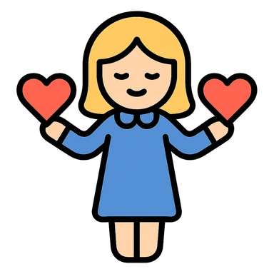 teacher with blond hair, wearing a dress, holding red hearts, white background sticker