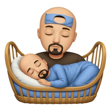 a bald, tan man who has a black goatee sleeping in a cradle sticker